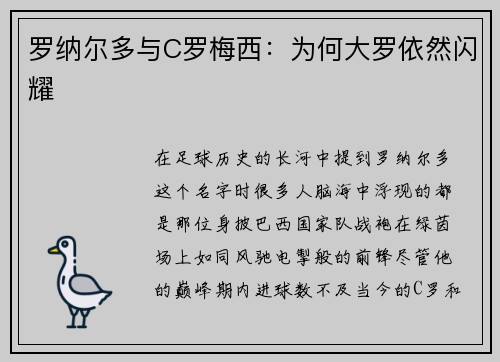 罗纳尔多与C罗梅西：为何大罗依然闪耀